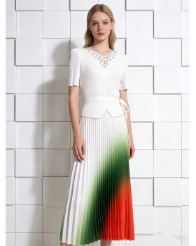 Loose beading printing dress bandage pleated fold tops