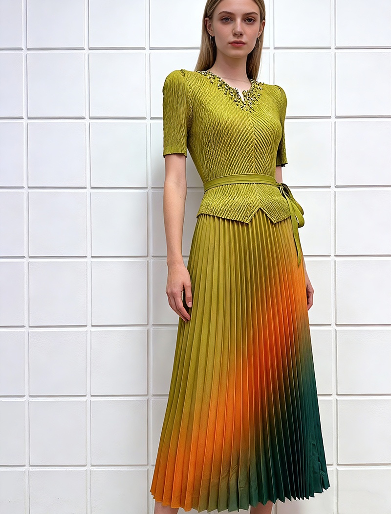 Loose beading printing dress bandage pleated fold tops