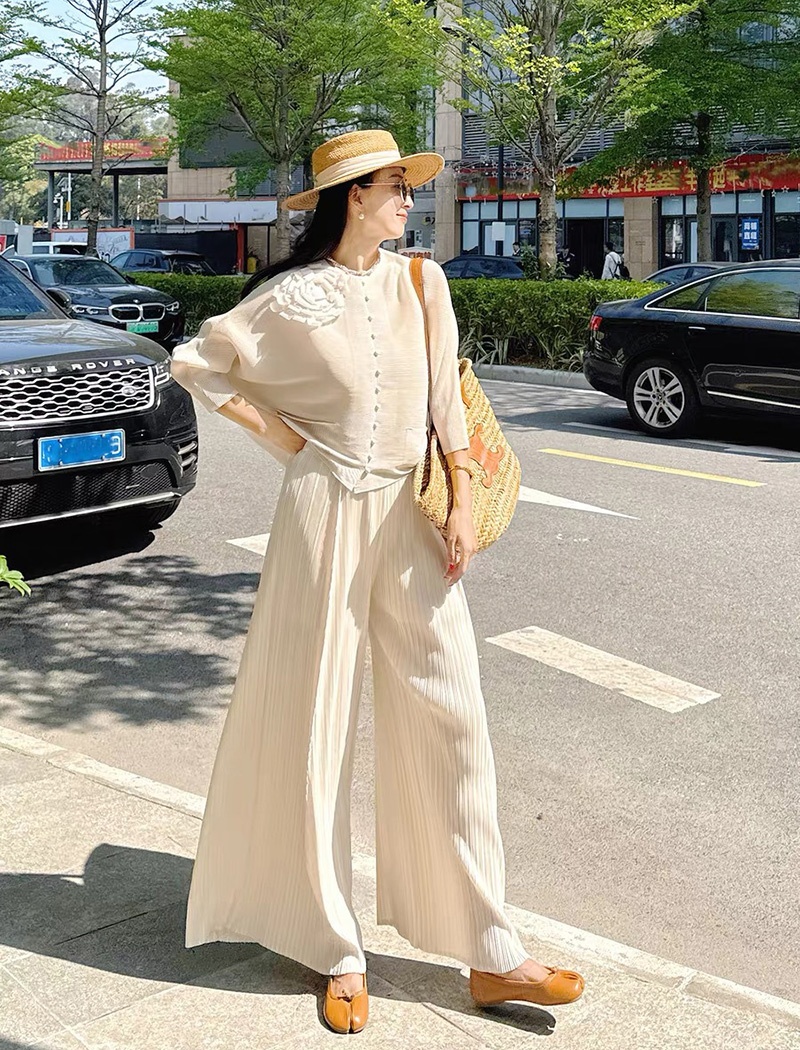 Fold wide leg pants cardigan a set for women