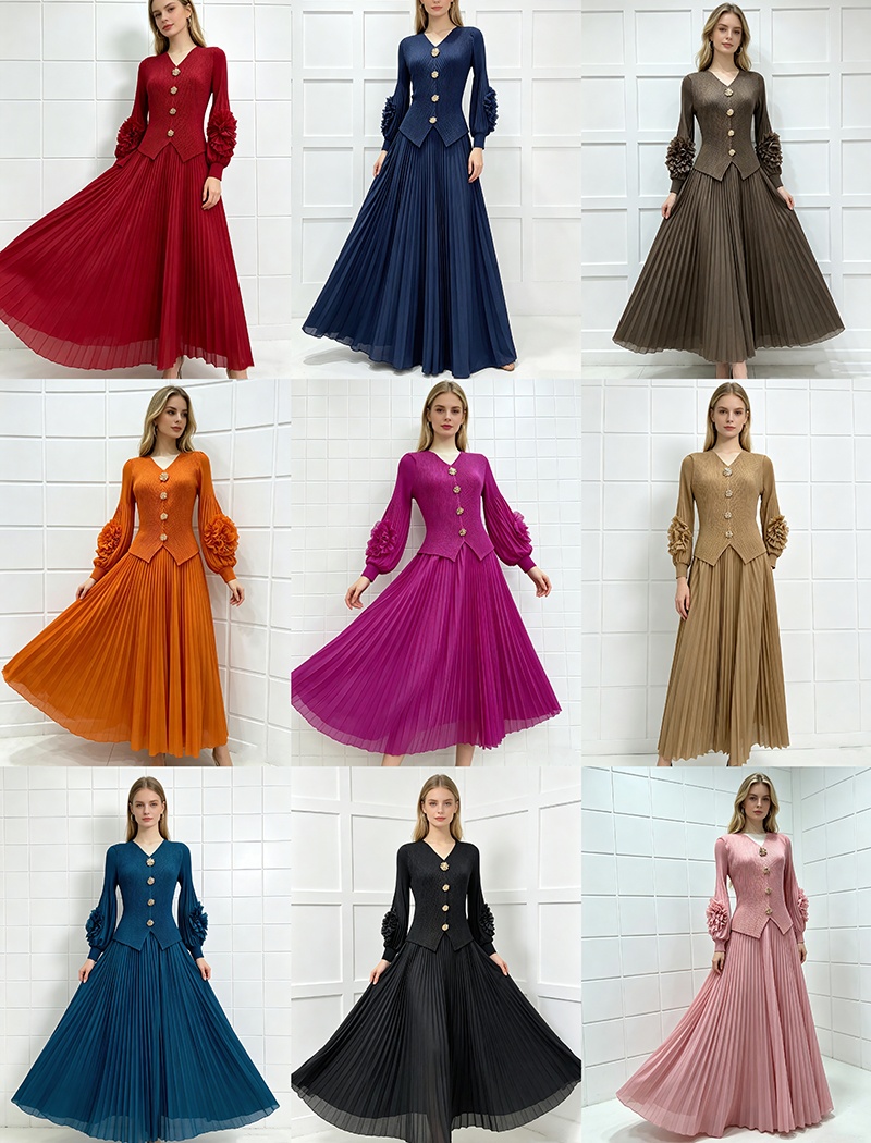 Pleated elegant tops disk flowers fold skirt a set