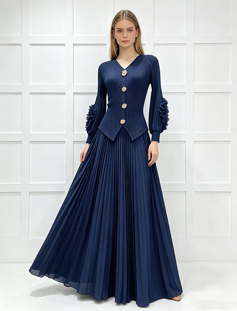 Pleated elegant tops disk flowers fold skirt a set