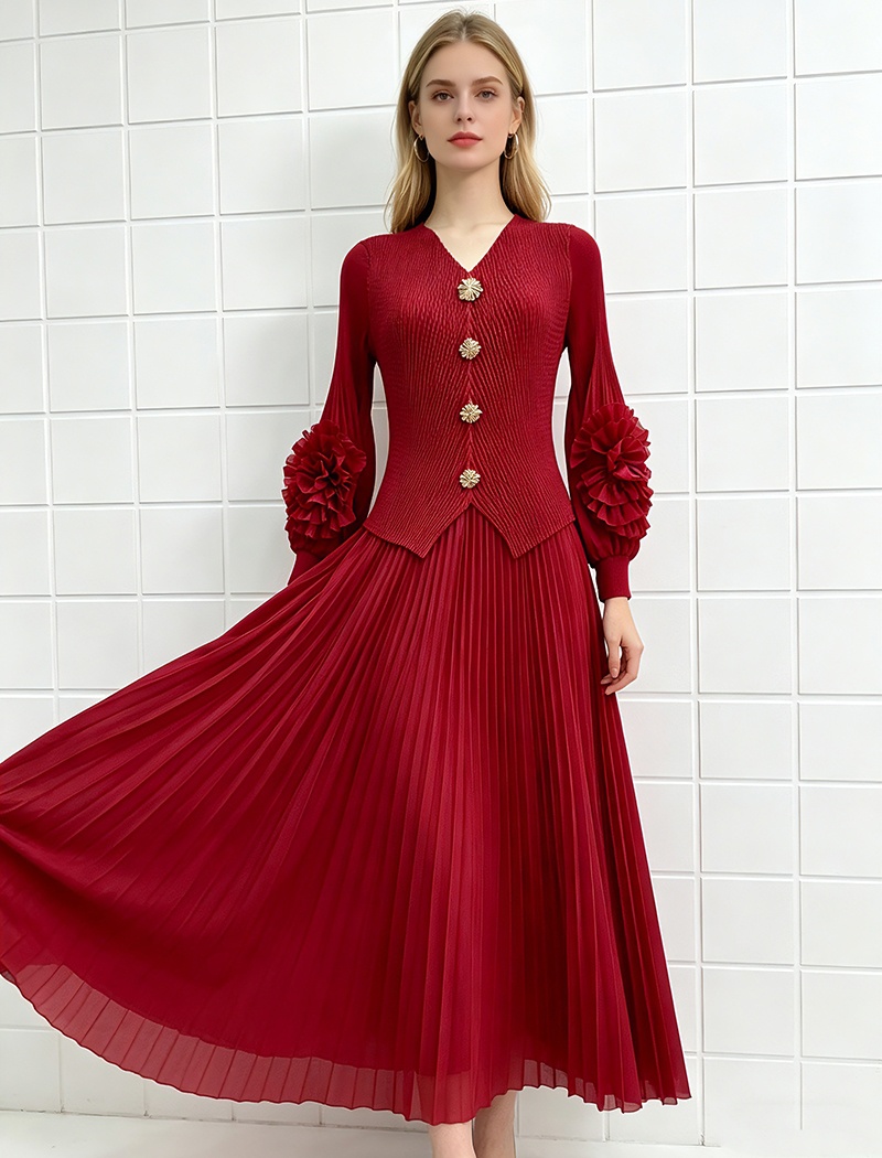 Pleated elegant tops disk flowers fold skirt a set