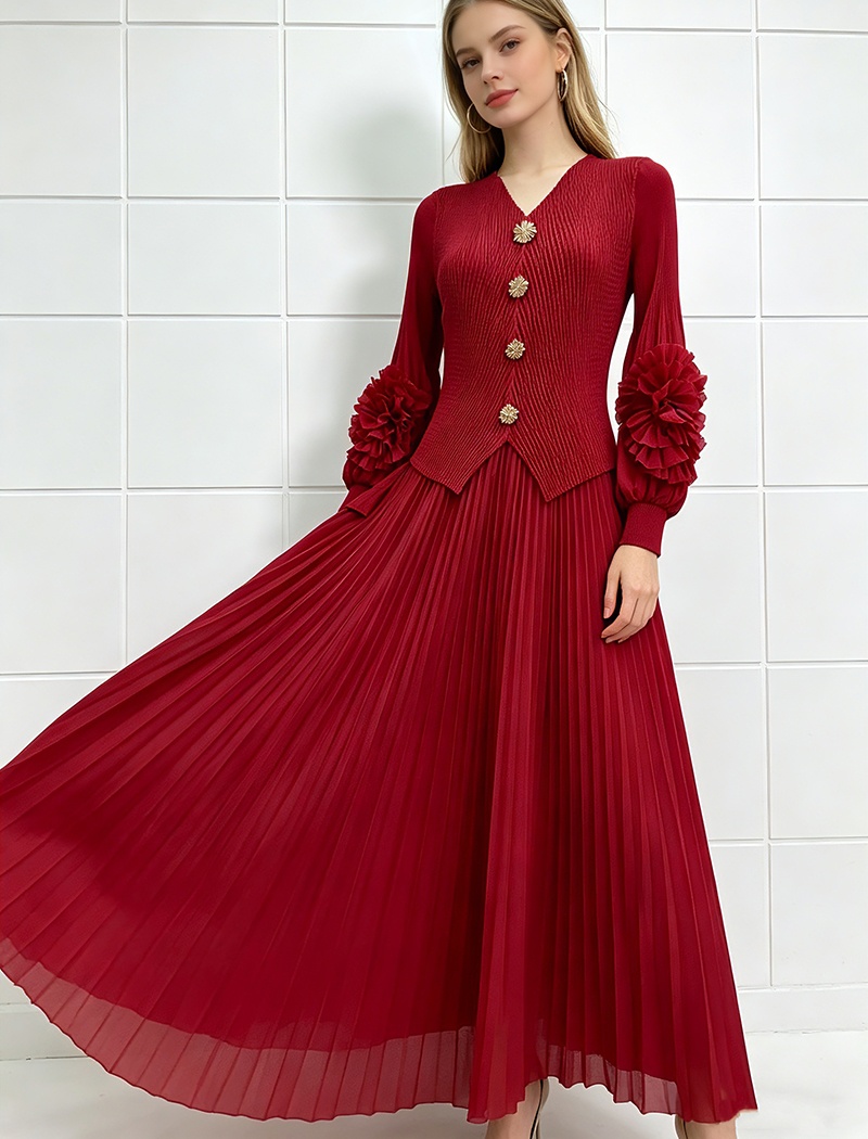 Pleated elegant tops disk flowers fold skirt a set