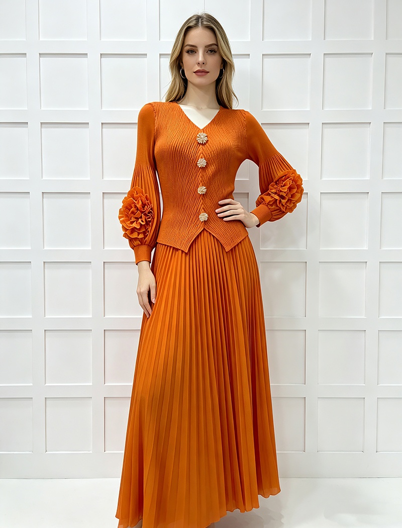 Pleated elegant tops disk flowers fold skirt a set