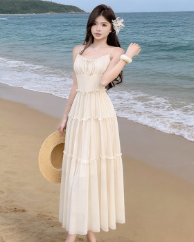 Pinched waist sweet high waist dress pink seaside strap dress