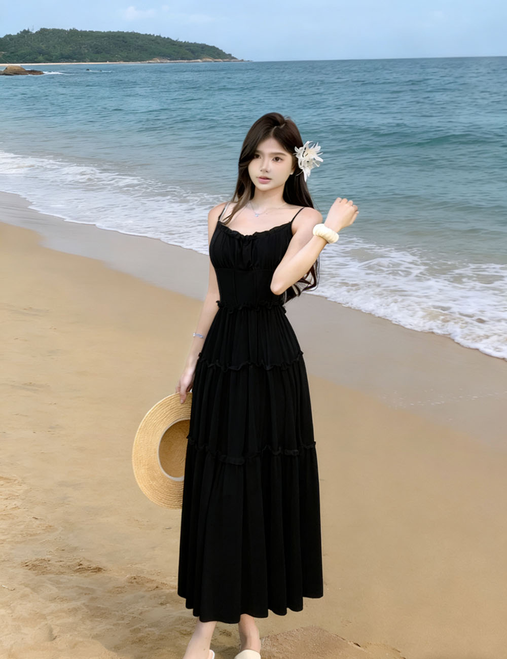 Pinched waist sweet high waist dress pink seaside strap dress