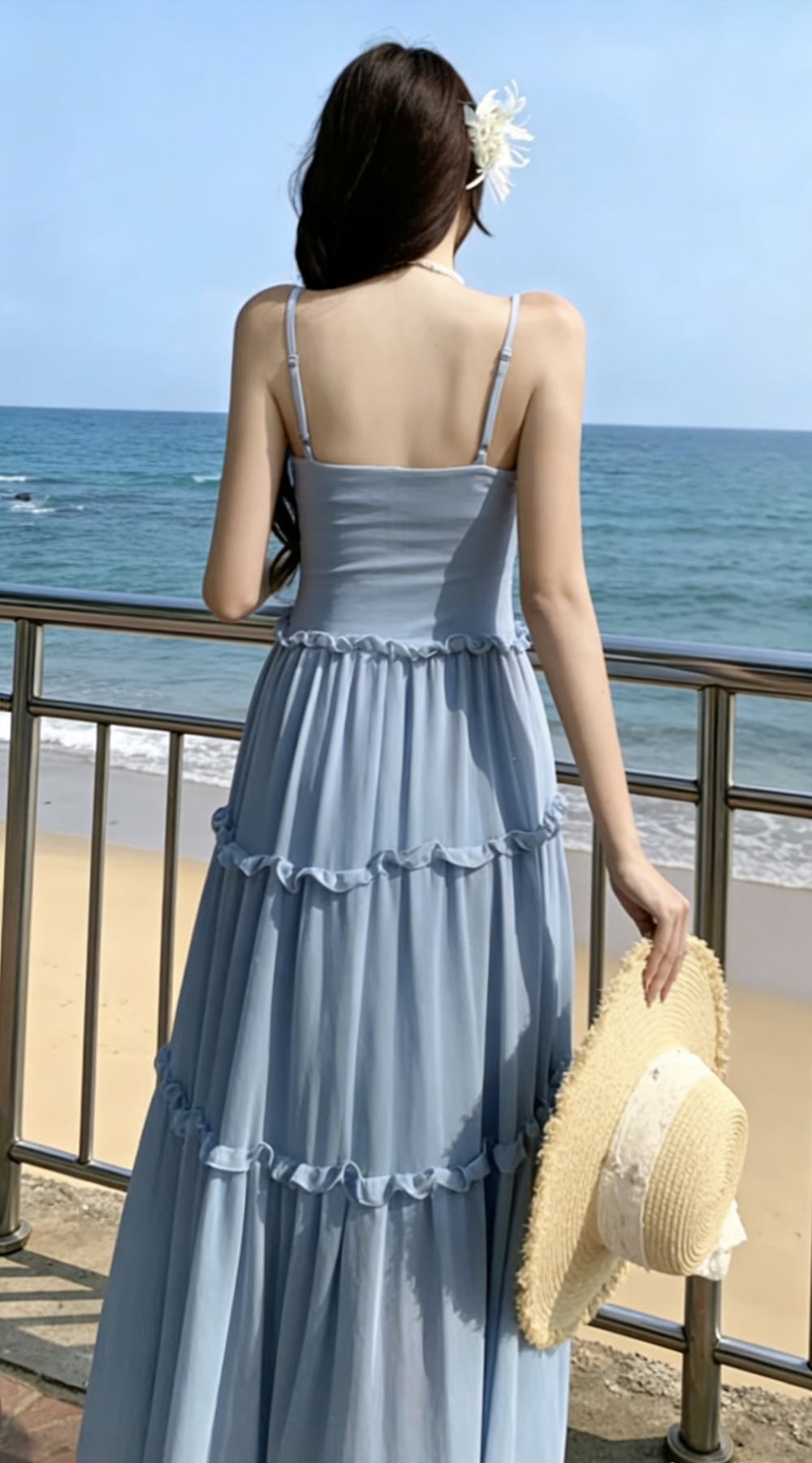 Pinched waist sweet high waist dress pink seaside strap dress