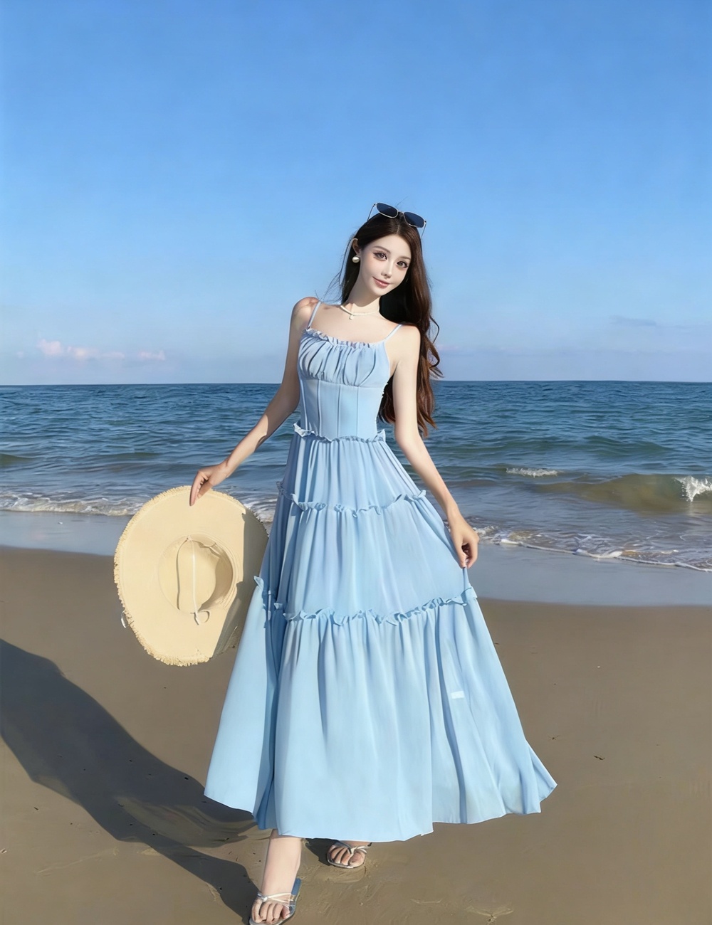 Pinched waist sweet high waist dress pink seaside strap dress