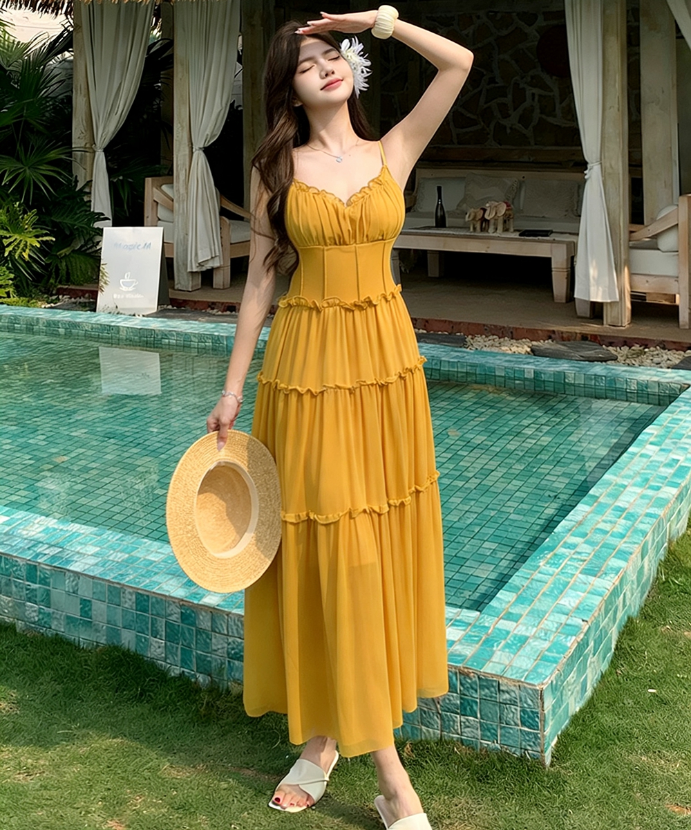 Pinched waist sweet high waist dress pink seaside strap dress