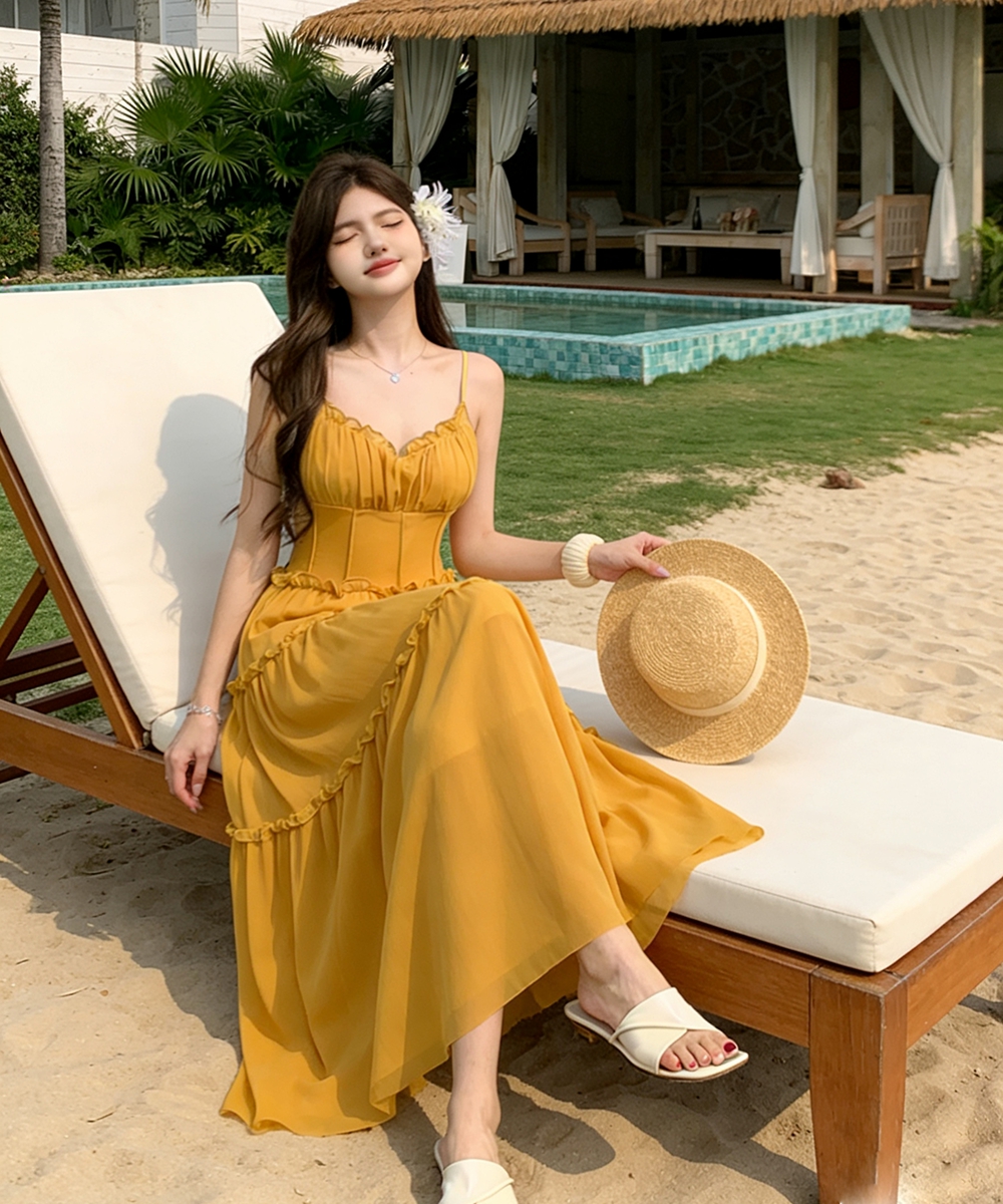 Pinched waist sweet high waist dress pink seaside strap dress