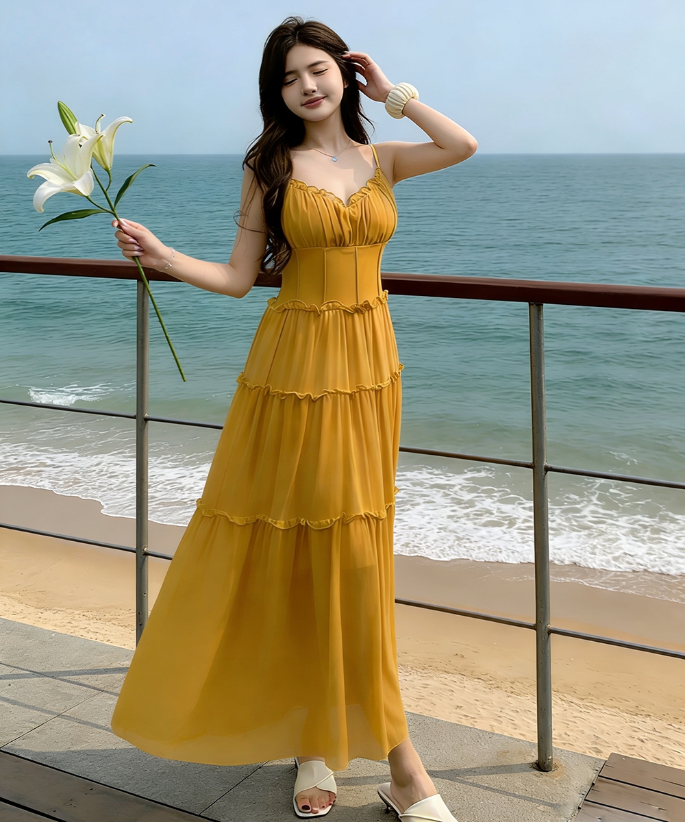 Pinched waist sweet high waist dress pink seaside strap dress