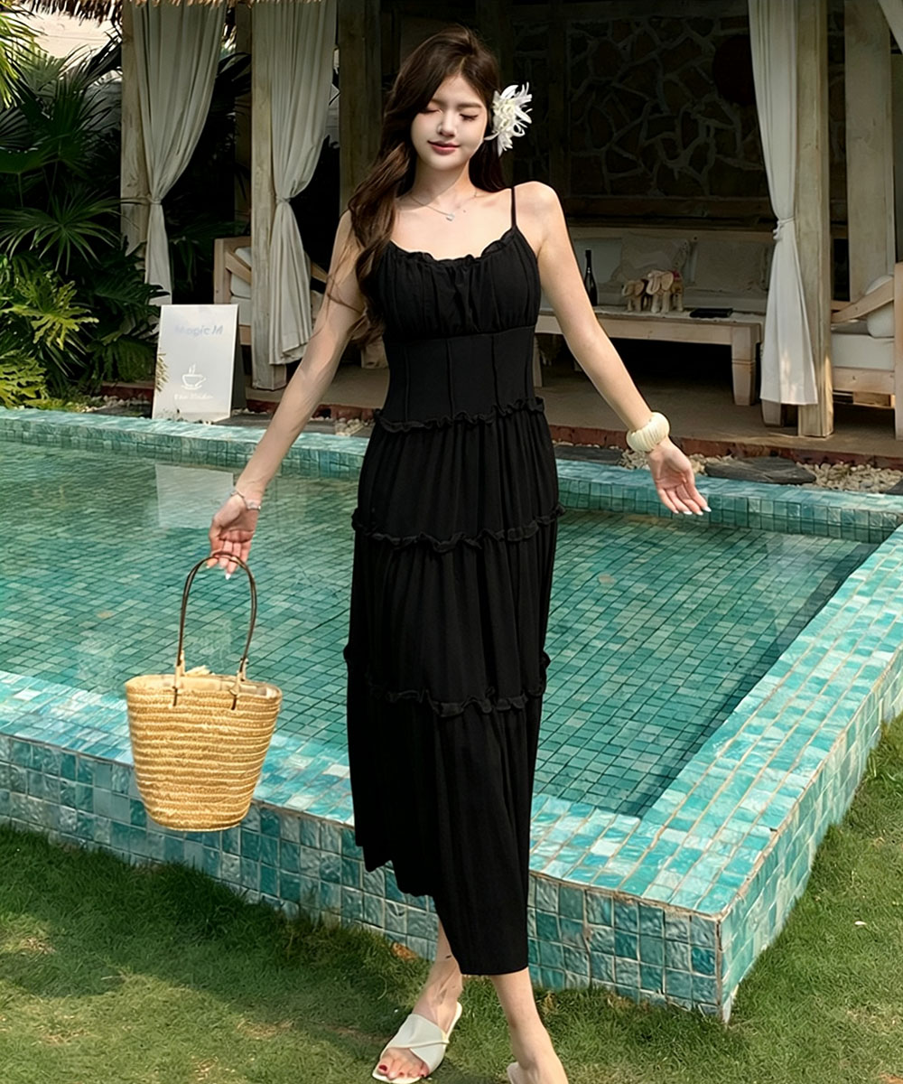 Pinched waist sweet high waist dress pink seaside strap dress