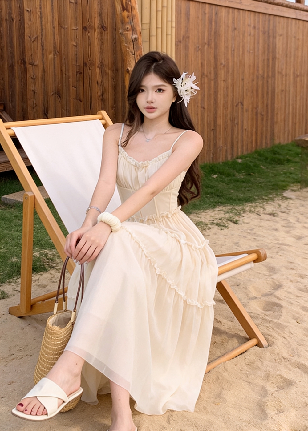 Pinched waist sweet high waist dress pink seaside strap dress