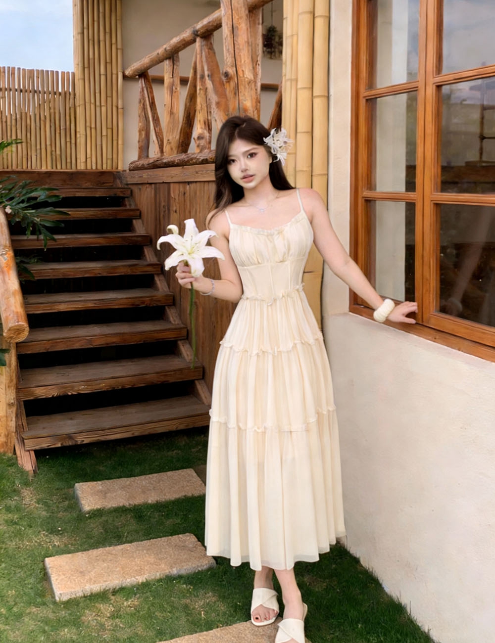 Pinched waist sweet high waist dress pink seaside strap dress