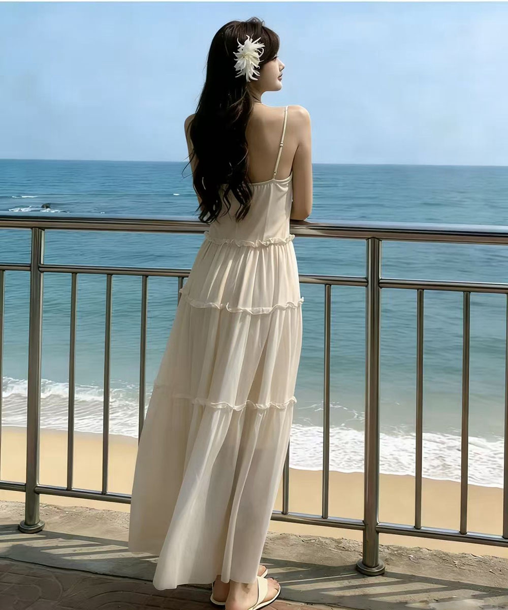 Pinched waist sweet high waist dress pink seaside strap dress