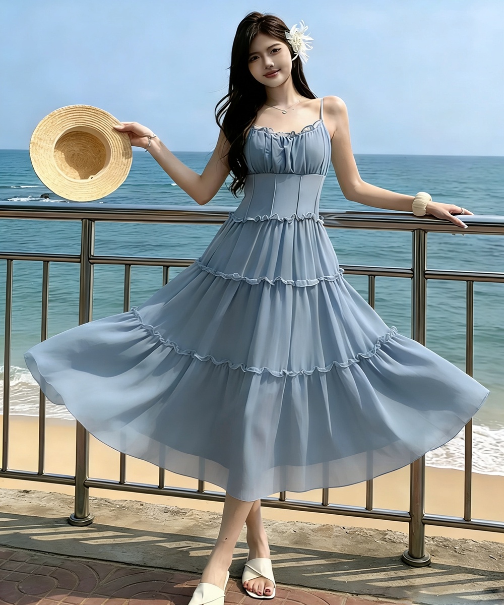 Pinched waist sweet high waist dress pink seaside strap dress