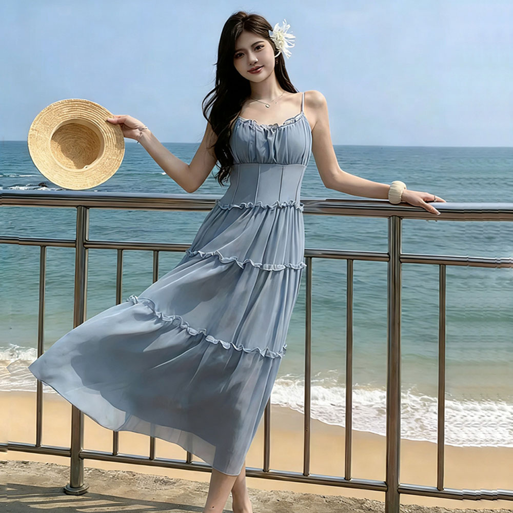 Pinched waist sweet high waist dress pink seaside strap dress