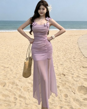 Flowers sandy beach halter long dress splice vacation dress