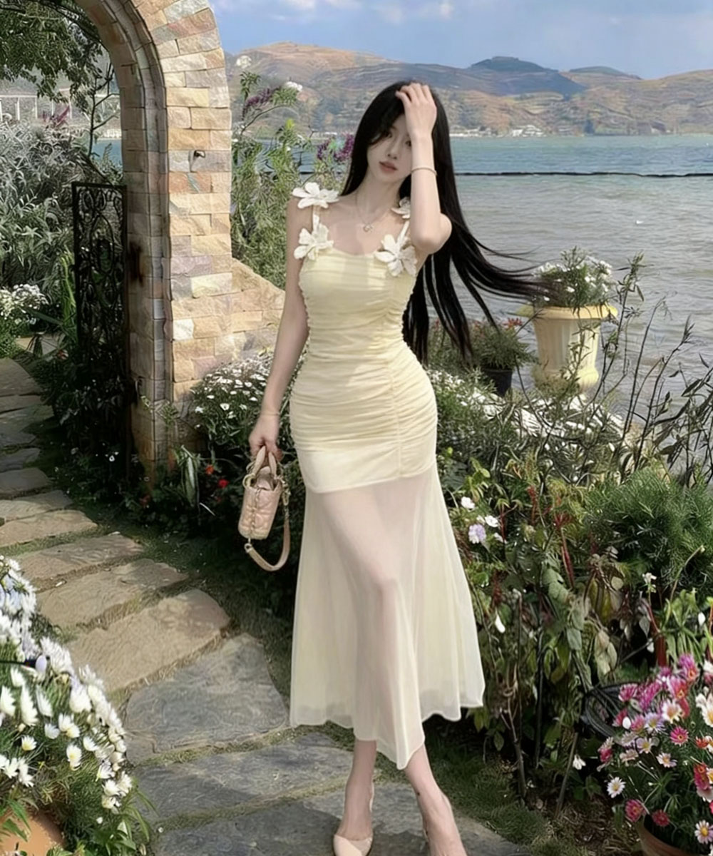 Flowers sandy beach halter long dress splice vacation dress