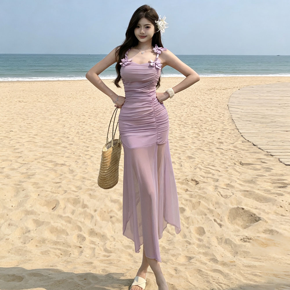 Flowers sandy beach halter long dress splice vacation dress