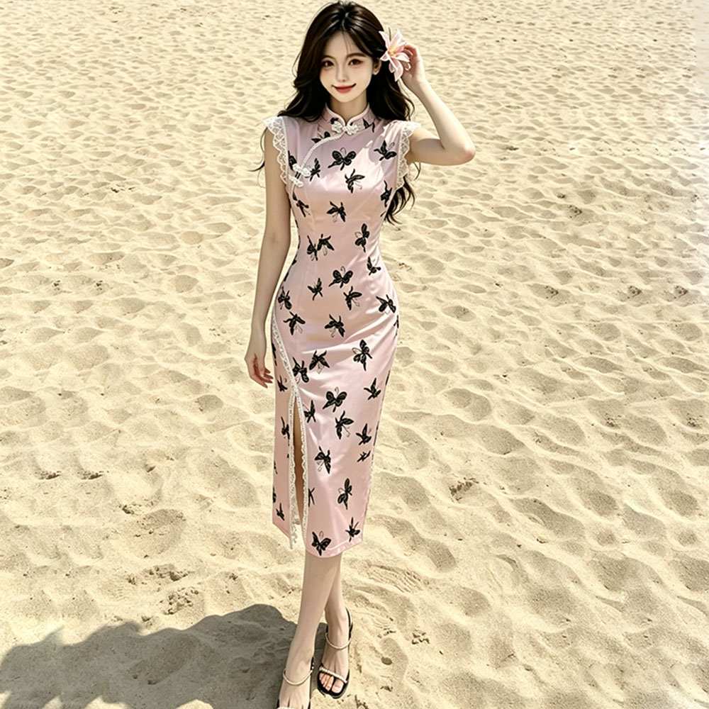 Nightclub colors split cheongsam long lace dress