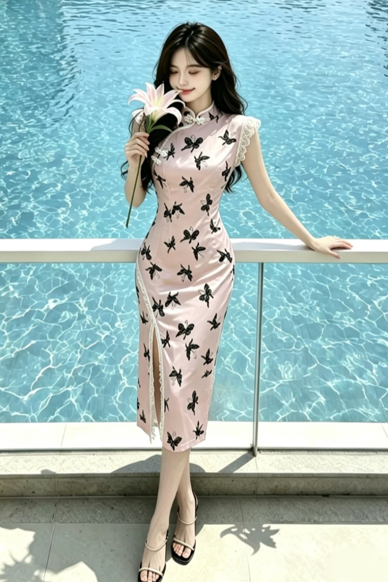 Nightclub colors split cheongsam long lace dress