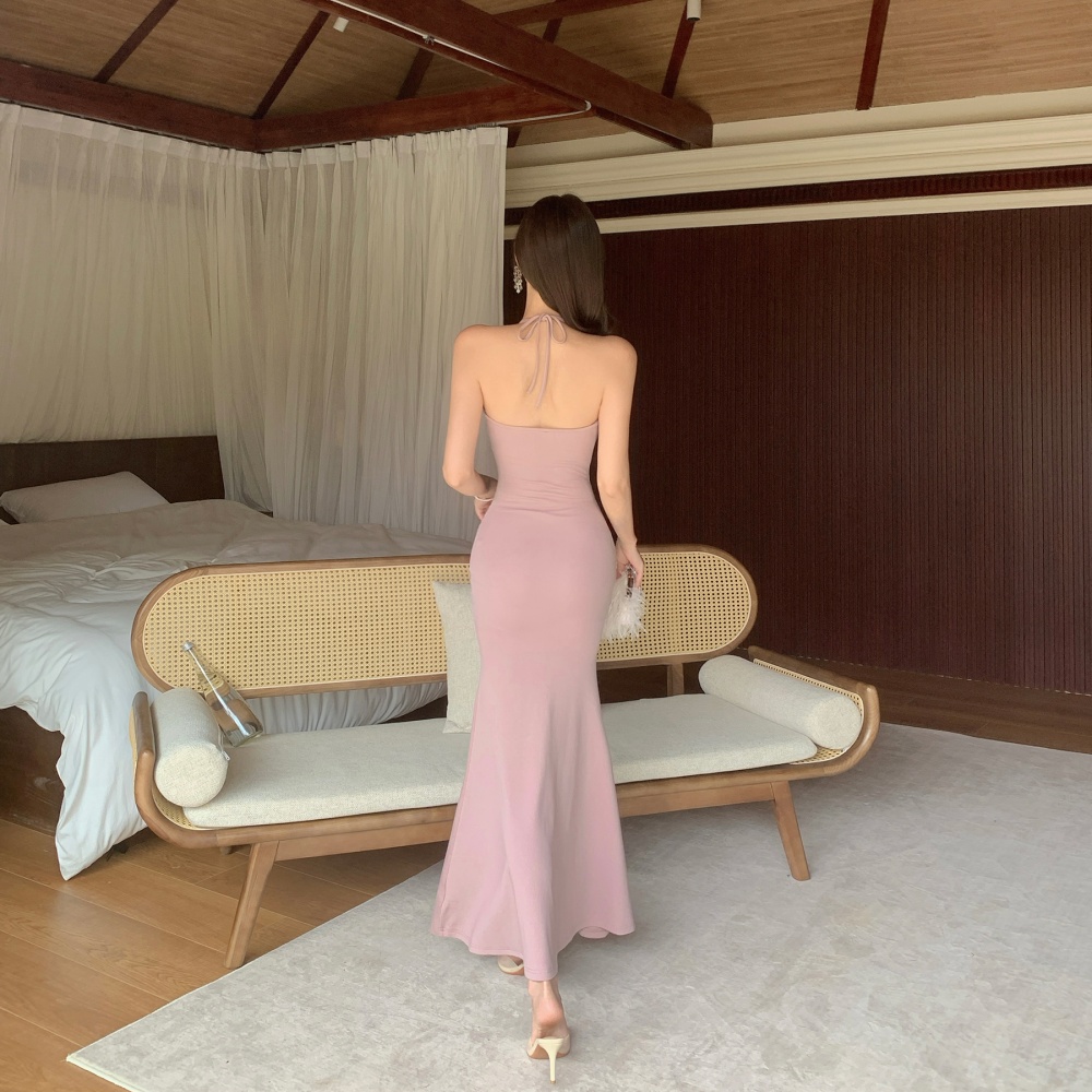 High elastic pinched waist pink dress fold halter long dress
