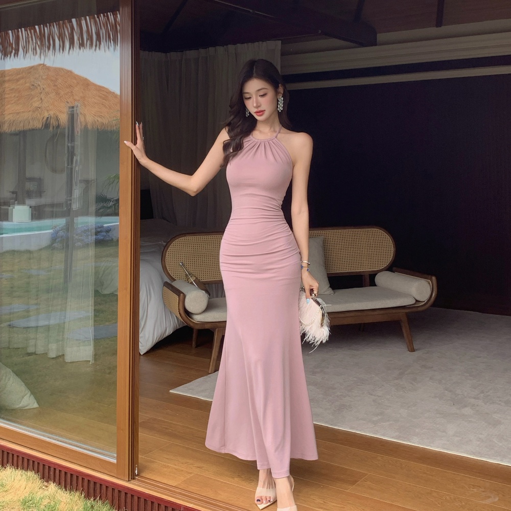 High elastic pinched waist pink dress fold halter long dress