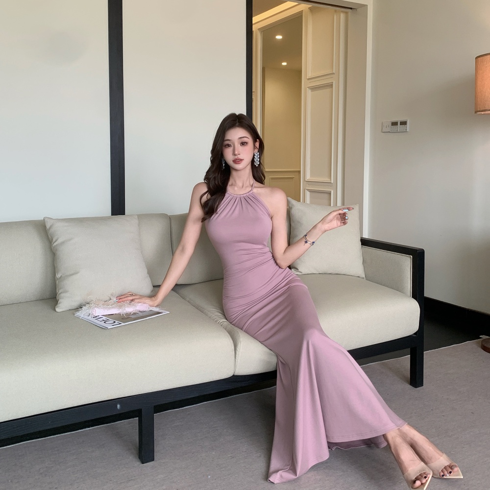 High elastic pinched waist pink dress fold halter long dress