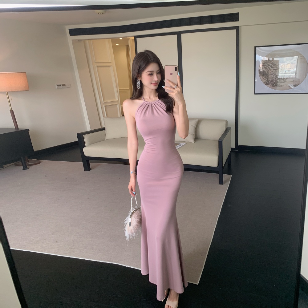 High elastic pinched waist pink dress fold halter long dress