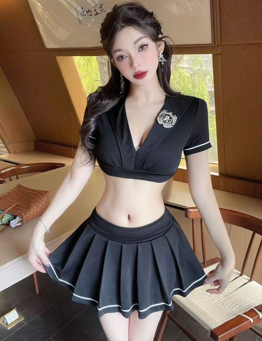 Sexy low-cut uniform 2pcs set
