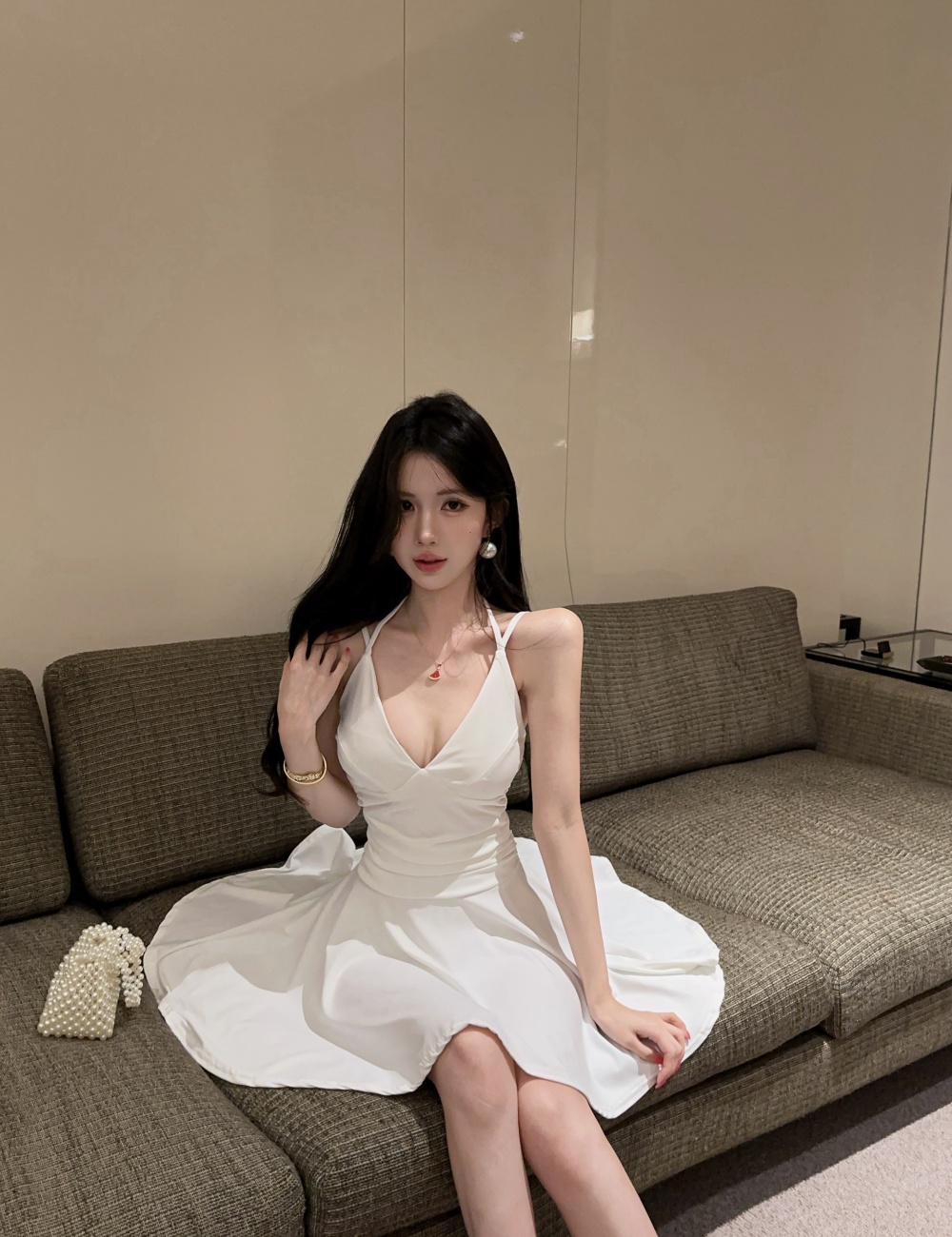 Summer sexy sleeveless A-line pinched waist V-neck dress for women