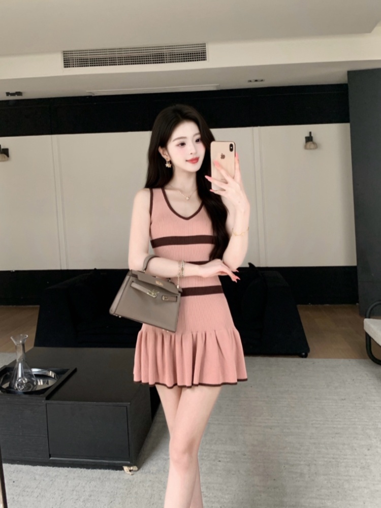 Summer temperament knitted stripe special France style dress