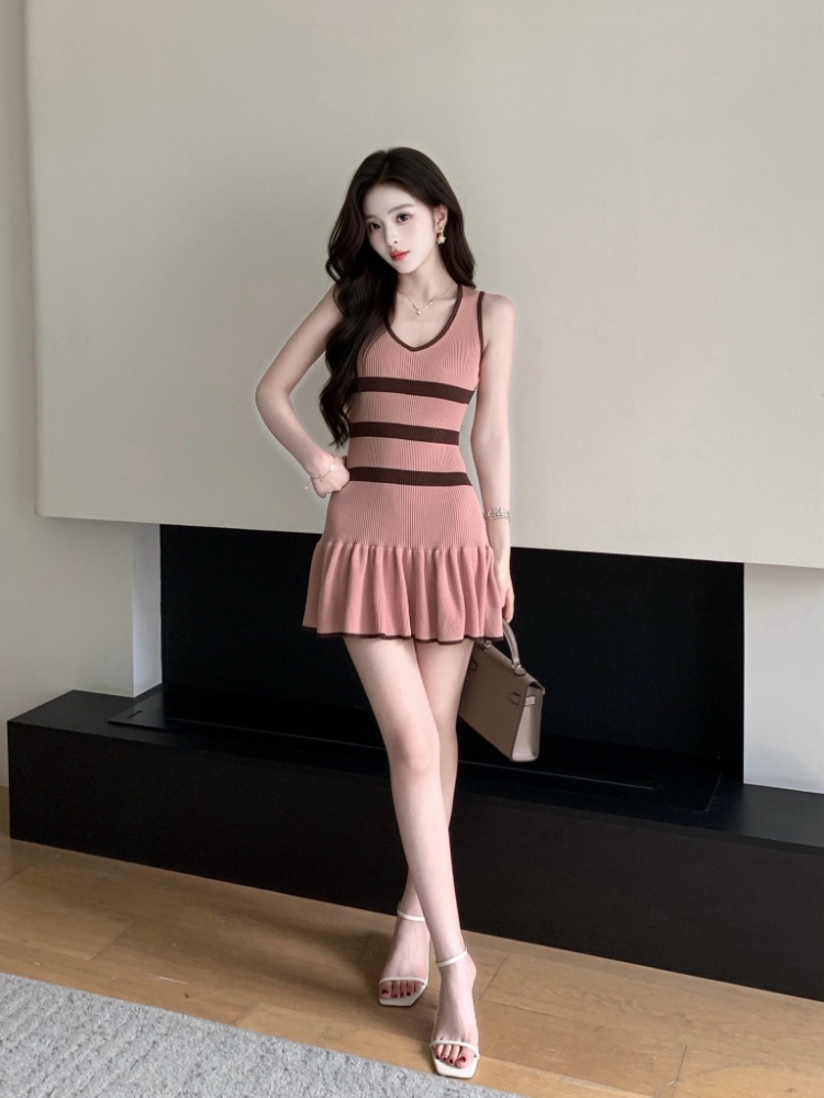 Summer temperament knitted stripe special France style dress