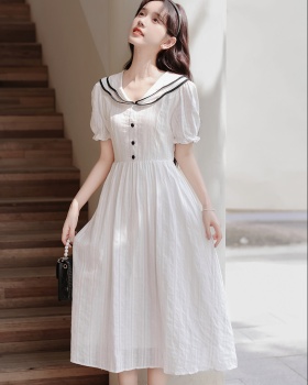 College style navy style long dress slim white dress for women