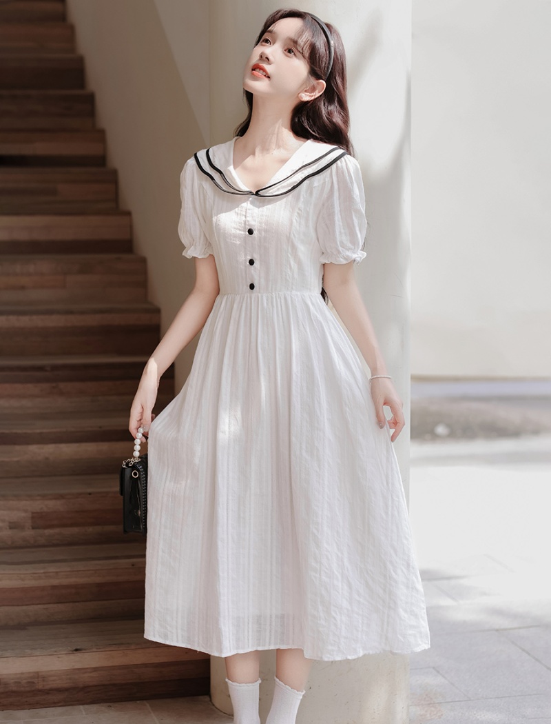 College style navy style long dress slim white dress for women