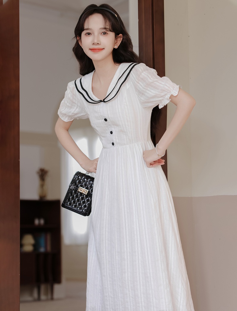 College style navy style long dress slim white dress for women