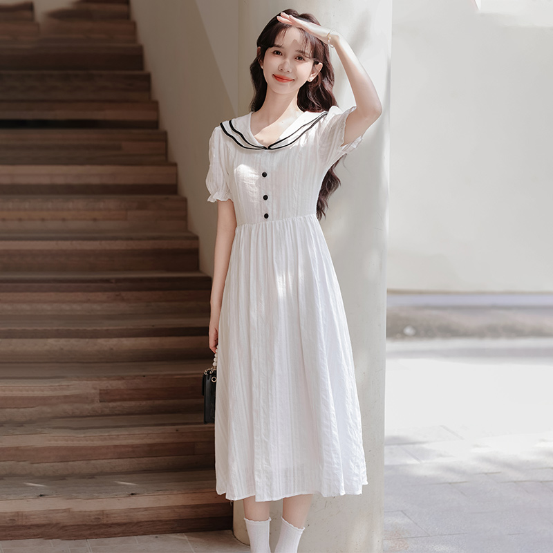 College style navy style long dress slim white dress for women