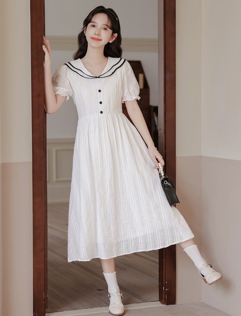 College style navy style long dress slim white dress for women
