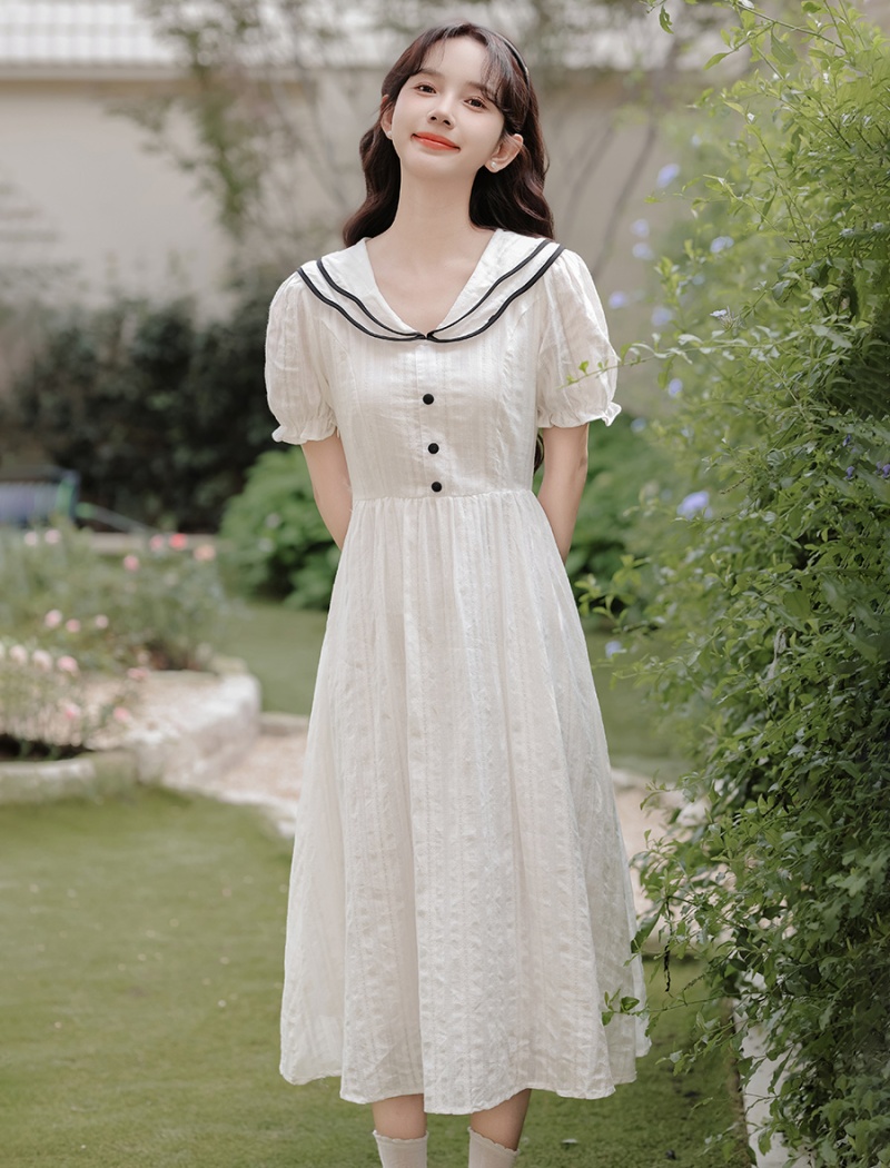College style navy style long dress slim white dress for women