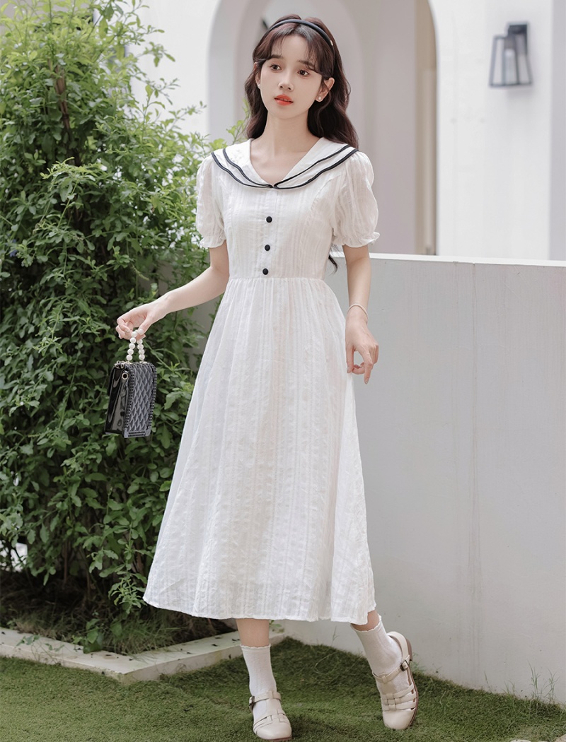 College style navy style long dress slim white dress for women