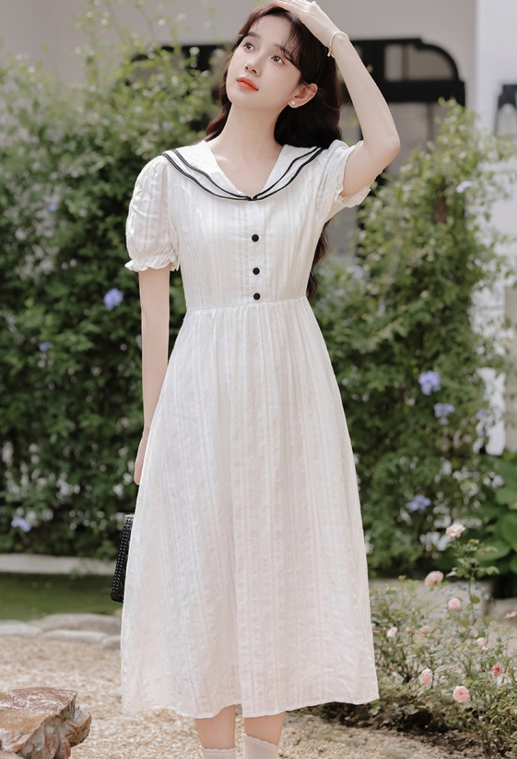 College style navy style long dress slim white dress for women
