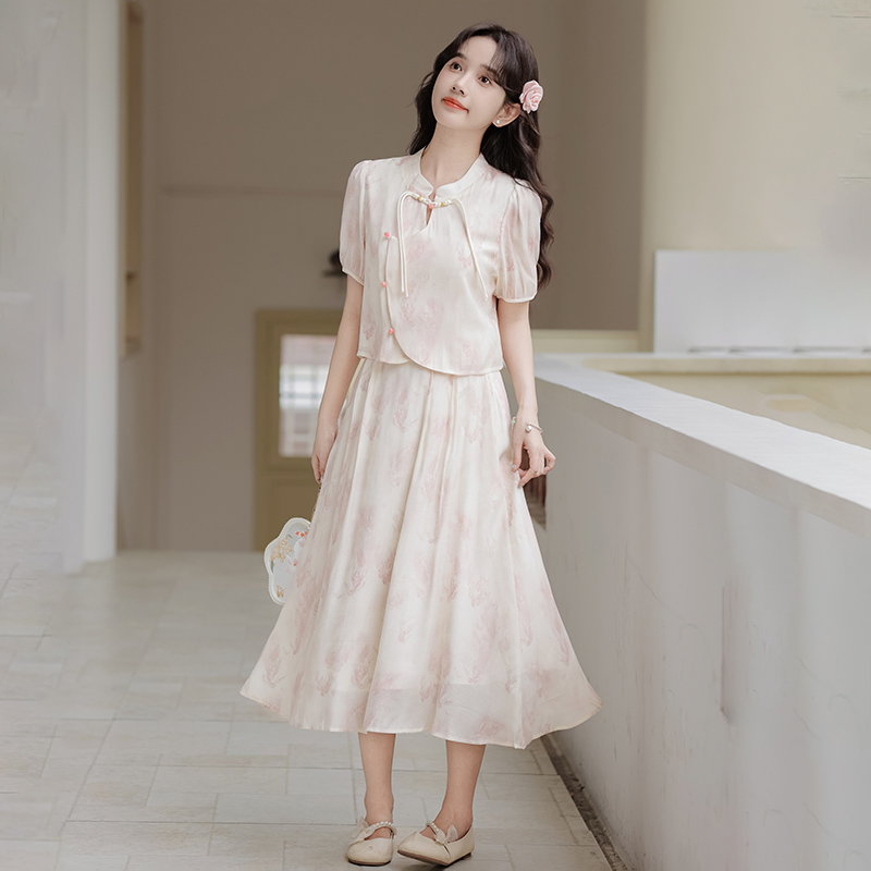 Chinese style summer small shirt A-line skirt a set