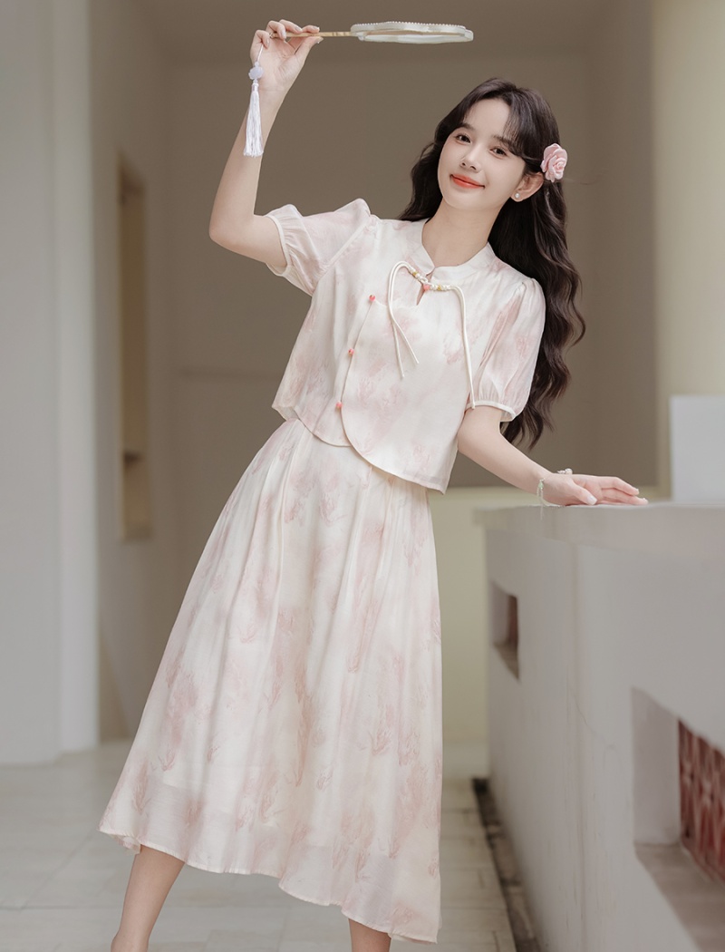 Chinese style summer small shirt A-line skirt a set