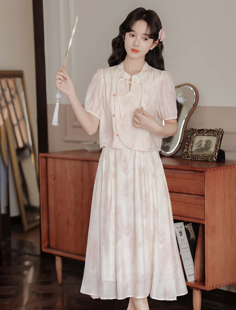 Chinese style summer small shirt A-line skirt a set