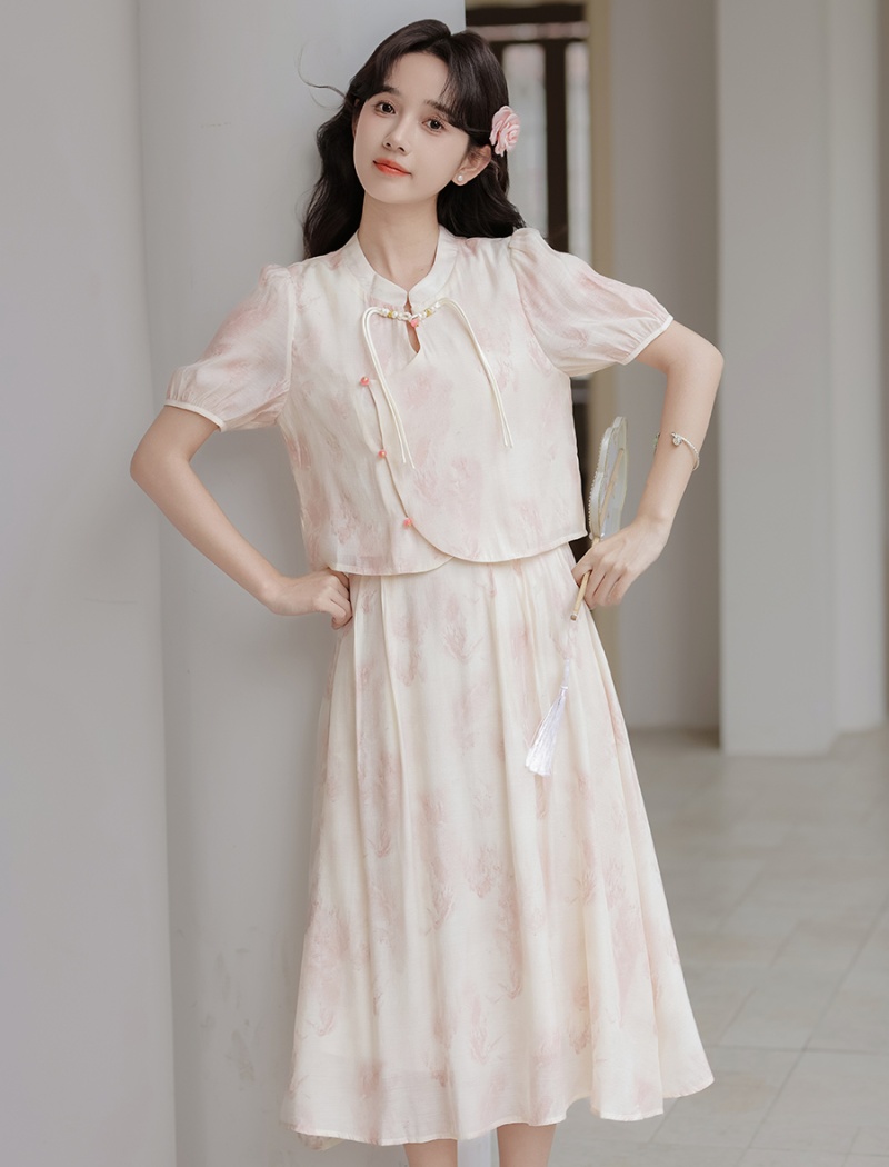 Chinese style summer small shirt A-line skirt a set