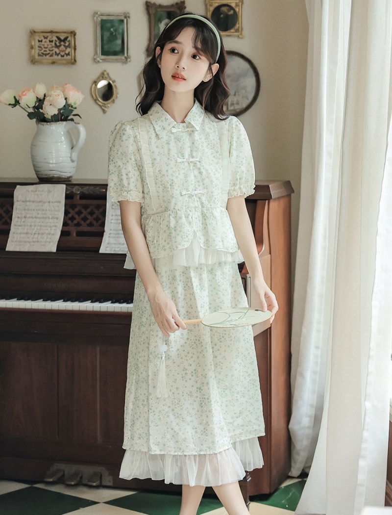 Puff sleeve sweet green tops 2pcs set for women