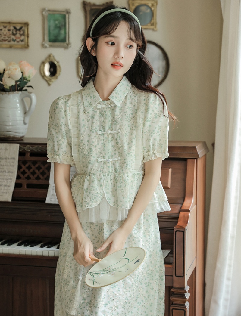 Puff sleeve sweet green tops 2pcs set for women