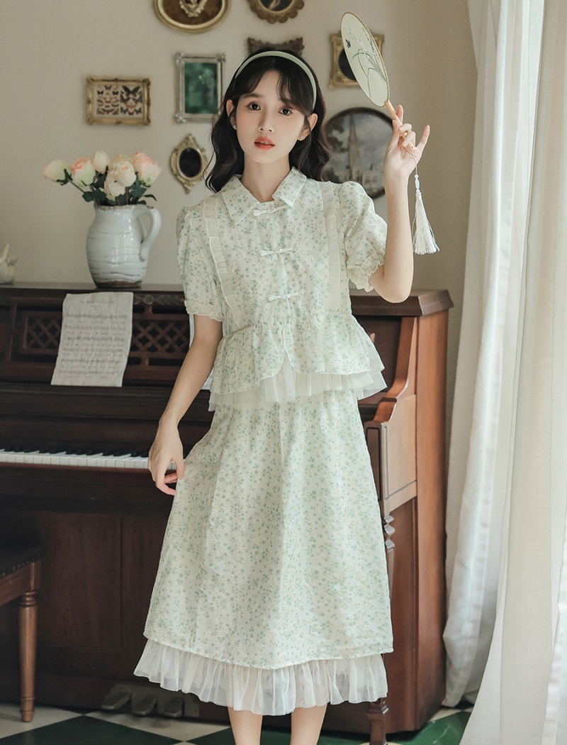 Puff sleeve sweet green tops 2pcs set for women