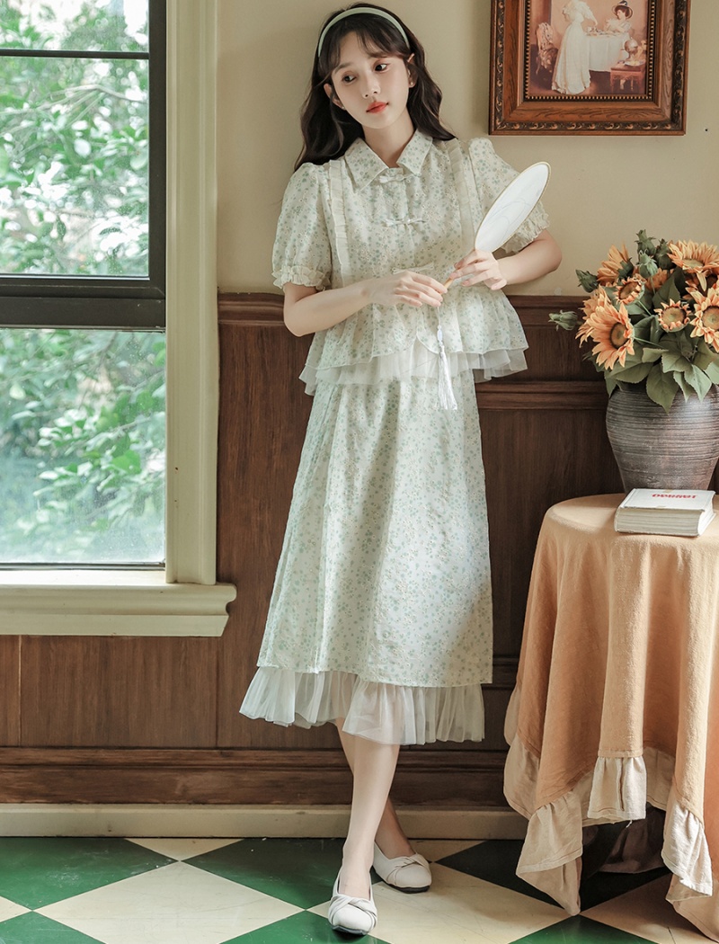 Puff sleeve sweet green tops 2pcs set for women